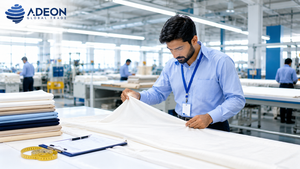 Textile sourcing from Pakistan: quality inspector checking cotton fabric