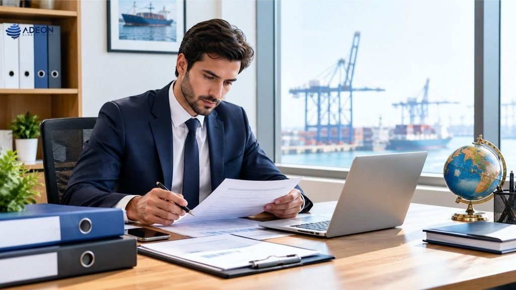 Import export documents and shipping paperwork on a desk